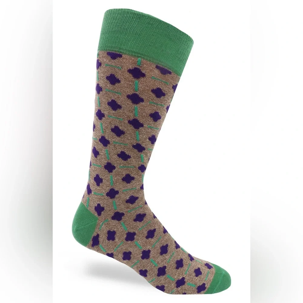 LORENZO UOMO MOROCCAN TILE PRINT CREW SOCKS BROWN GREEN COTTON OS NWOT